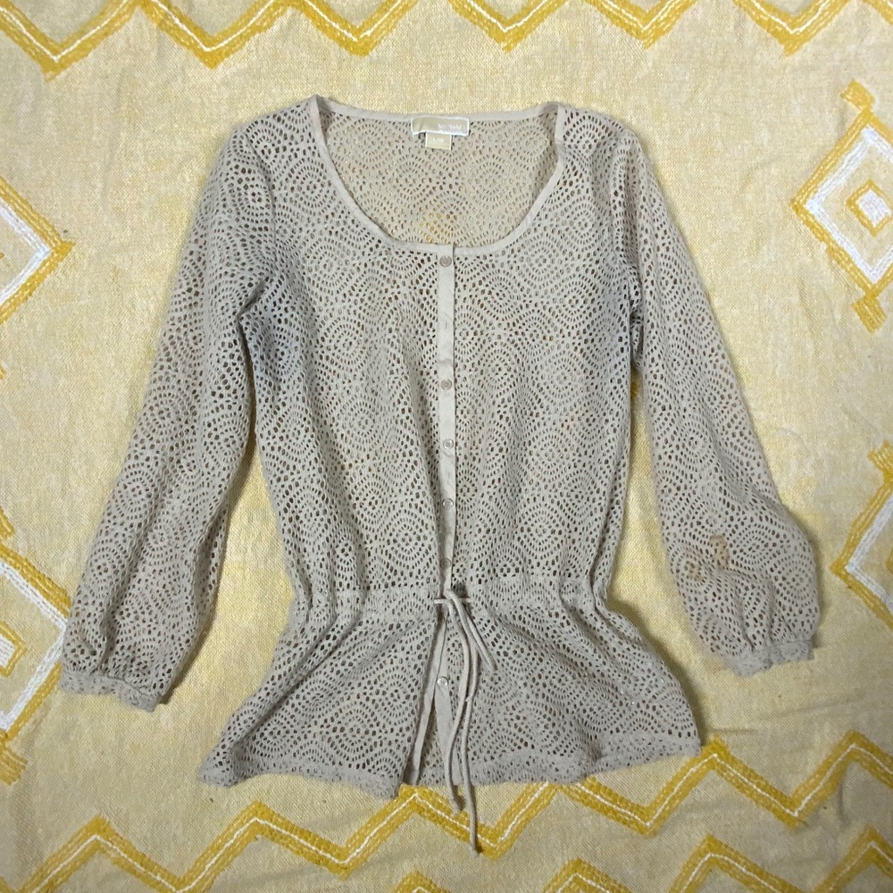 Michael Kord Beige Crochet Button Down Tie Front Cardigan SIZE: Large